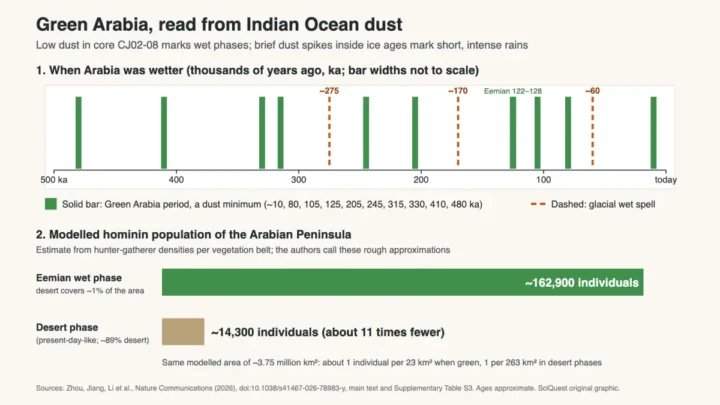 Timeline of ten Green Arabia wet periods and three glacial wet spells over 500,000 years from Indian Ocean dust, with a modelled hominin population of about 162,900 in the Eemian wet phase versus 14,300 in desert conditions