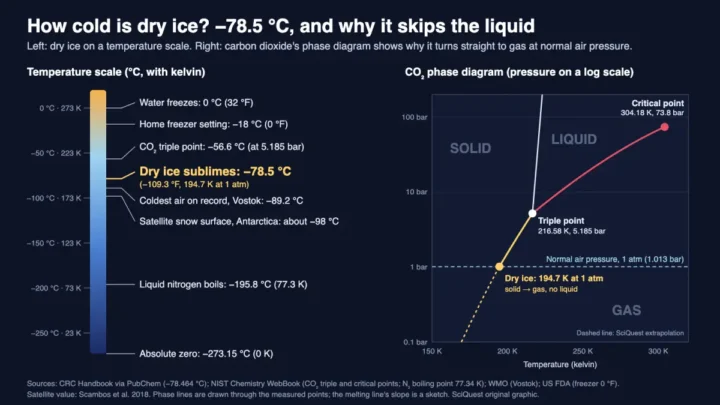 Chart showing dry ice at −78.5 °C on a temperature scale between a −18 °C home freezer and −195.8 °C liquid nitrogen, beside a carbon dioxide phase diagram showing why it turns straight to gas at normal air pressure