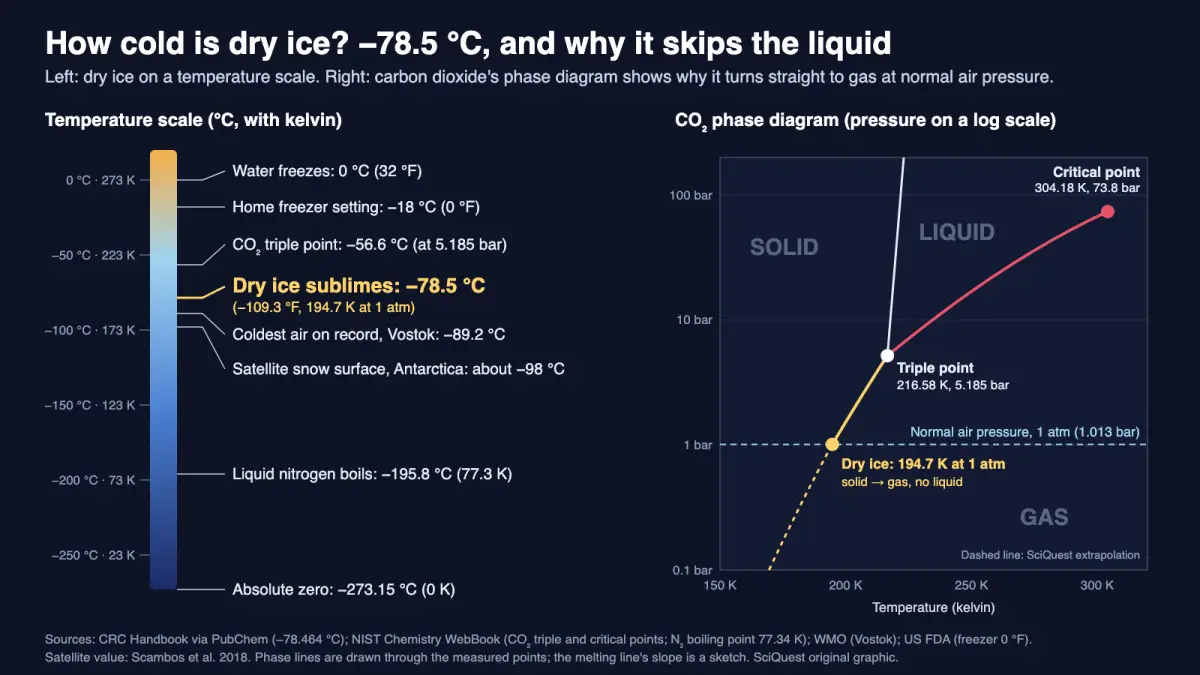 Chart showing dry ice at −78.5 °C on a temperature scale between a −18 °C home freezer and −195.8 °C liquid nitrogen, beside a carbon dioxide phase diagram showing why it turns straight to gas at normal air pressure