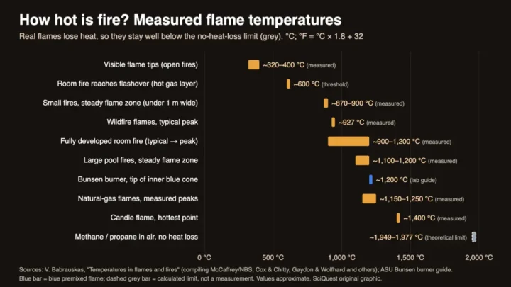 Bar chart of flame temperatures, from flame tips at about 320 to 400 °C to a candle flame peak near 1,400 °C