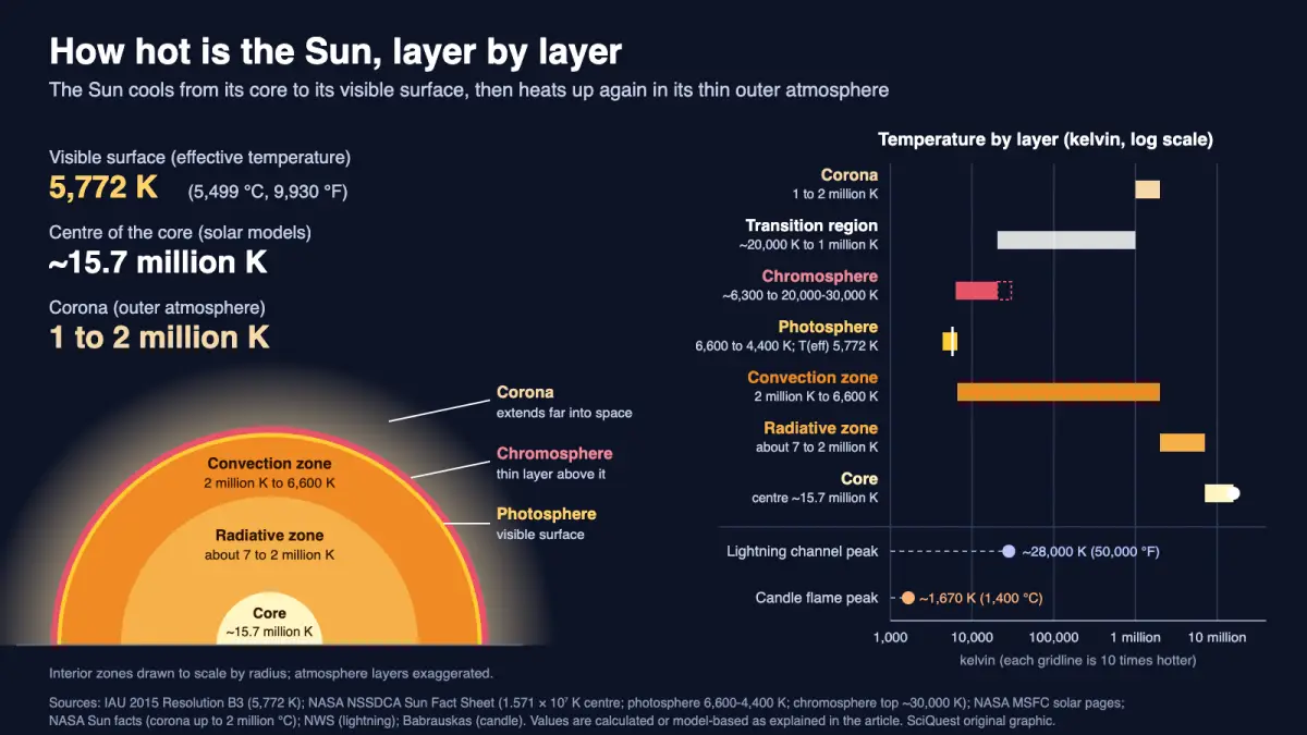 Cross-section of the Sun with a log-scale chart of temperature by layer, from about 15.7 million K in the core to 5,772 K at the surface and 1 to 2 million K in the corona
