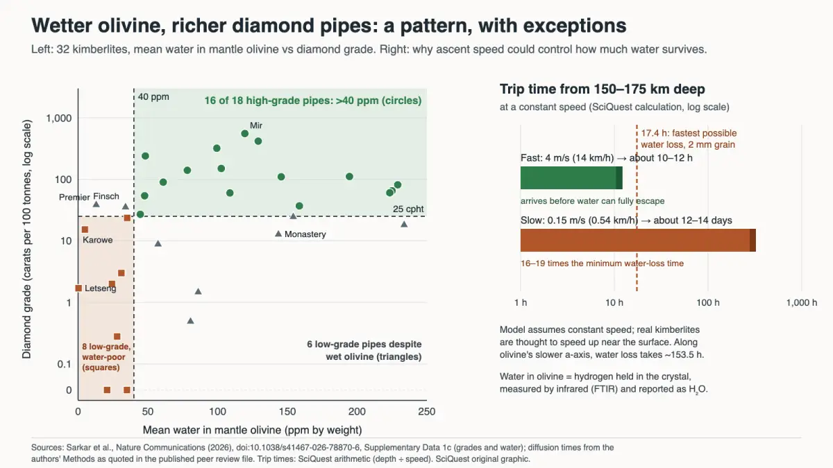 Chart of 32 kimberlites showing most diamond-rich pipes have olivine with over 40 ppm water, beside bars comparing a 10 to 12 hour fast magma ascent with a 12 to 14 day slow ascent and the 17.4 hour minimum water-loss time
