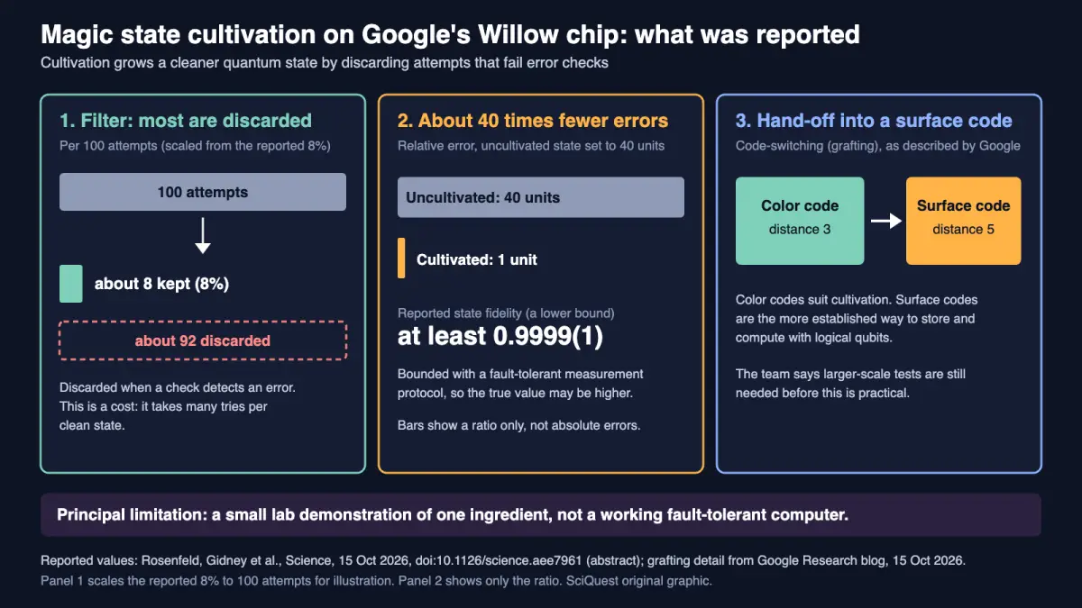 Three-panel diagram: Google's cultivation keeps about 8 of 100 attempts, cuts magic-state error about 40-fold, then hands the state into a surface code.