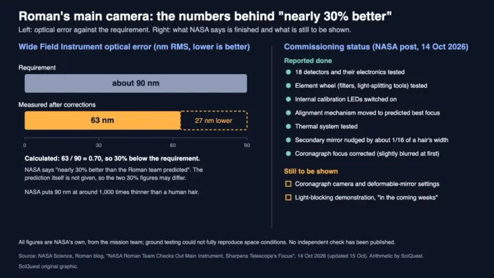 Bar chart: Roman Wide Field Instrument optical error 63 nm RMS against a requirement of about 90 nm, with a checklist of commissioning steps done and pending