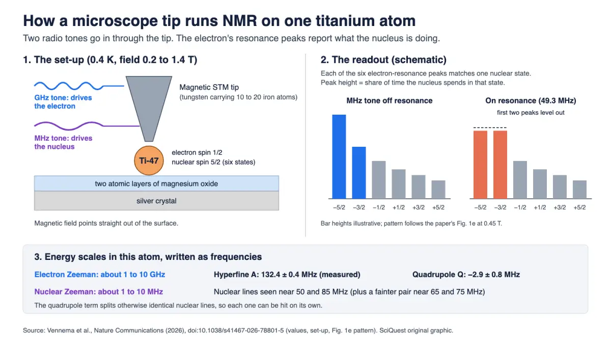 Diagram of an STM tip sending a GHz tone to a titanium-47 atom's electron and a MHz tone to its nucleus, with six resonance peaks acting as a bar chart of nuclear states