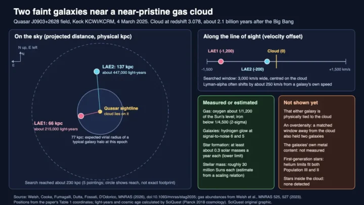 Diagram showing two faint galaxies, 66 and 137 kiloparsecs from the sightline through a near-pristine gas cloud, with their velocity offsets and what the data do and do not show