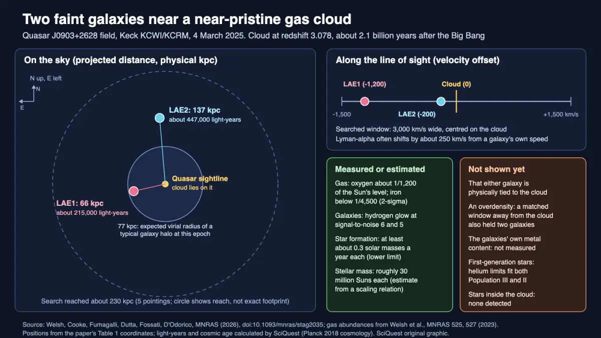 Diagram showing two faint galaxies, 66 and 137 kiloparsecs from the sightline through a near-pristine gas cloud, with their velocity offsets and what the data do and do not show