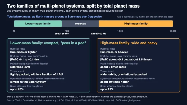 Chart sorting 298 multi-planet systems into a compact lower-mass family below about 80 Earth masses and a wide high-mass family above about 400, with host star mass, metallicity and dynamical excitation for each