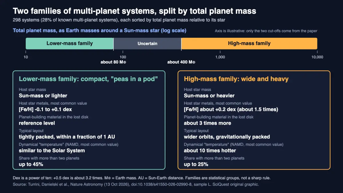 Chart sorting 298 multi-planet systems into a compact lower-mass family below about 80 Earth masses and a wide high-mass family above about 400, with host star mass, metallicity and dynamical excitation for each