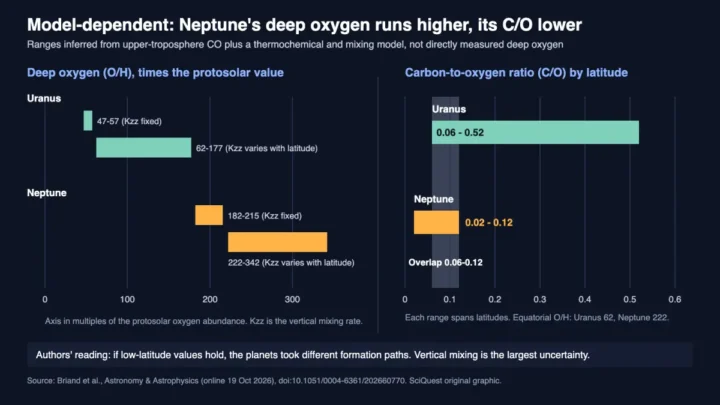 Chart of model-dependent estimates: Neptune's deep oxygen is 222 to 342 times protosolar versus 62 to 177 for Uranus, with carbon-to-oxygen ratios of 0.02 to 0.12 and 0.06 to 0.52 overlapping between 0.06 and 0.12.