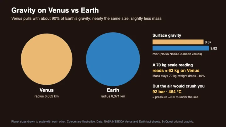 Venus and Earth drawn to scale, with surface gravity of 8.87 and 9.82 m/s², so a 70 kg scale reading would show about 63 kg on Venus