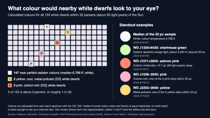 Chart of the 152 white dwarfs within 20 parsecs of the Sun: 147 look near-white, 2 yellow and 3 pink, with swatches for chartreuse-green WD J1330+6435 and salmon-pink WD J1011+2845.