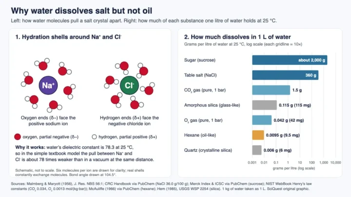 Diagram of water molecules forming hydration shells around sodium and chloride ions, beside a log-scale chart showing how many grams of sugar, salt, carbon dioxide, silica, oxygen, hexane and quartz dissolve in a litre of water at 25 °C
